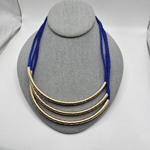 Elegant Goldtone and Blue Cotton Rope 3 Tier Necklace.  Approx 16" 3" Ext